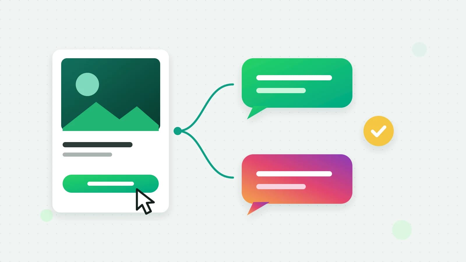 An illustration of an ad card being tapped, with two curved lines leading to a green chat bubble and a pink-to-purple chat bubble