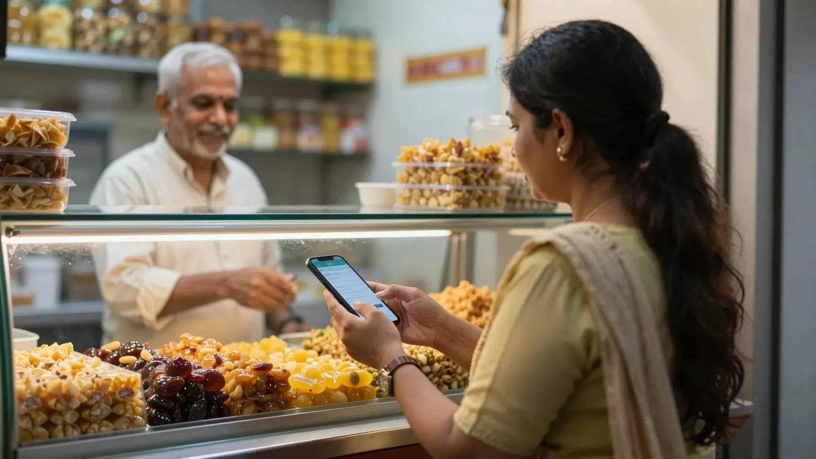 A customer at the glass counter of a dry-fruit and sweet shop, paying on her phone while the shopkeeper smiles