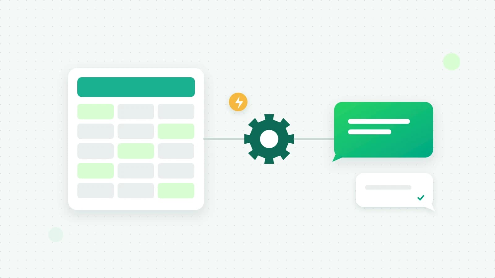 An illustration of a spreadsheet grid linked through a gear to a green chat bubble and a reply with a tick