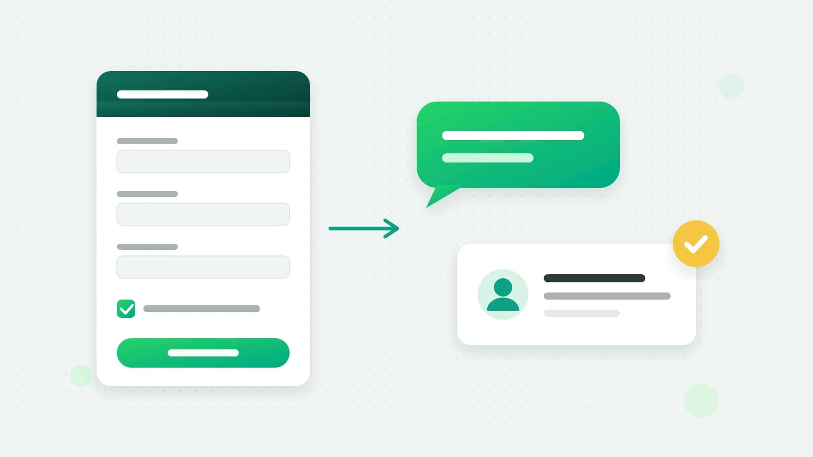 An illustration of a lead form with a ticked consent box, an arrow to a green chat bubble, and a contact card with a round yellow tick