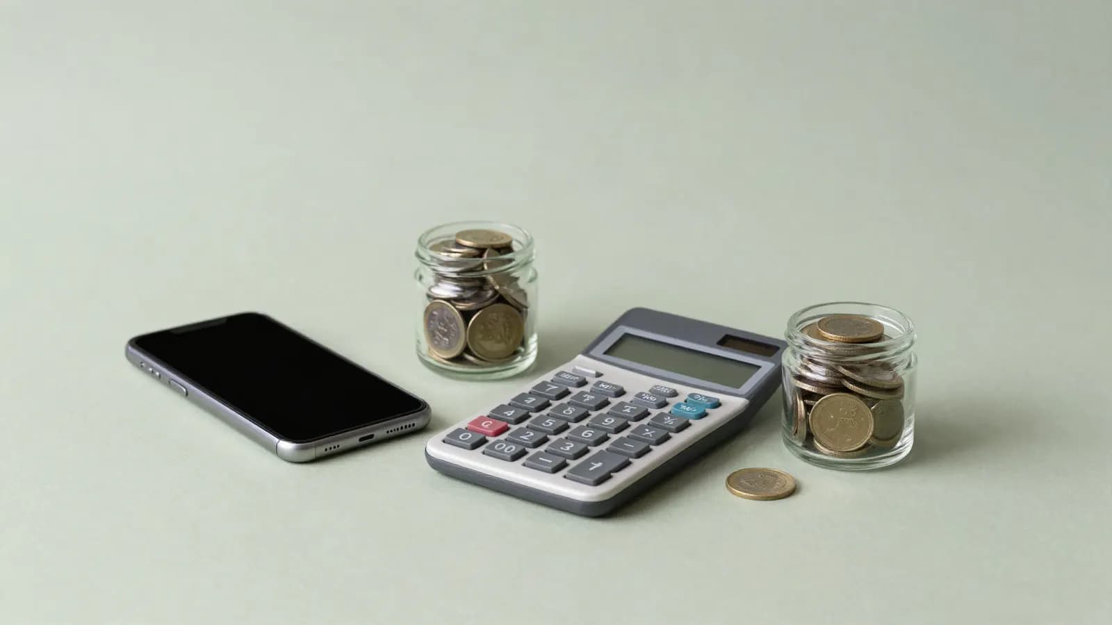 A calculator, a smartphone and a jar of coins on a desk