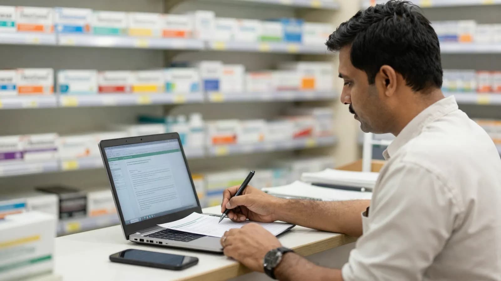 A pharmacy owner at his counter filling in a form beside an open laptop, his phone on the desk