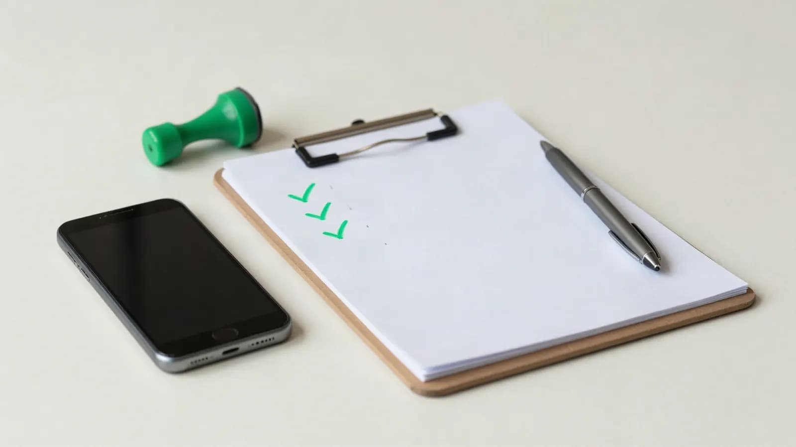 A clipboard checklist with green ticks and an approval stamp, beside a smartphone