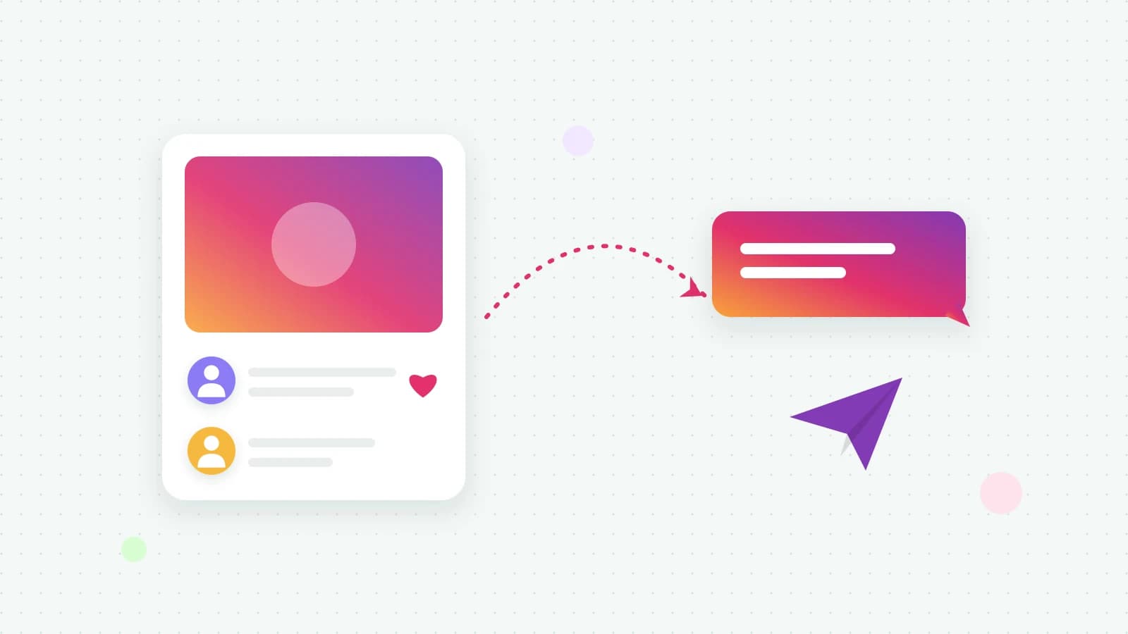 An illustration of a social post with comments and a heart, and a dotted arrow carrying one comment into a private message