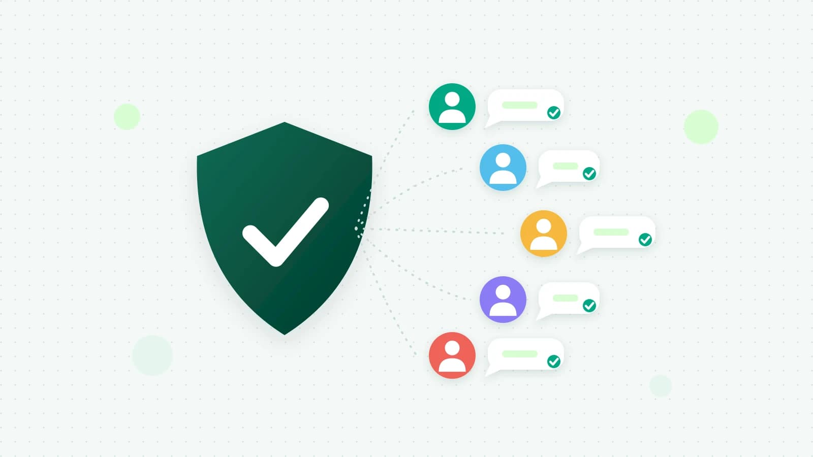 An illustration of a green shield with a tick, sending chat bubbles to five people, each message marked as delivered