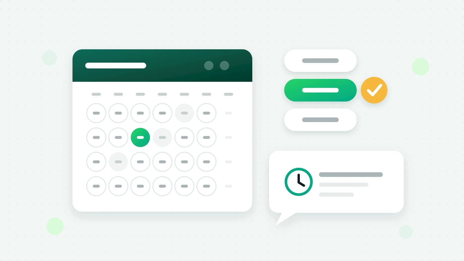 An illustration of a calendar with one day picked, three time chips with one chosen and ticked, and a chat bubble with a clock