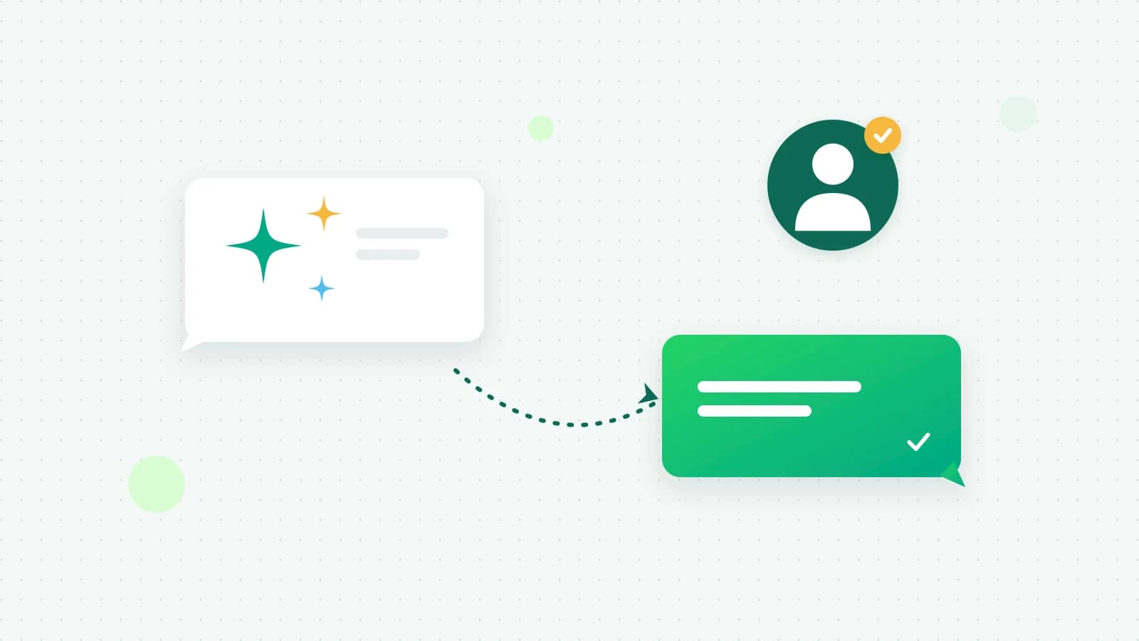 An illustration of a chat bubble with sparkles passing a conversation, along a dotted arrow, to a reply marked as sent beside a person