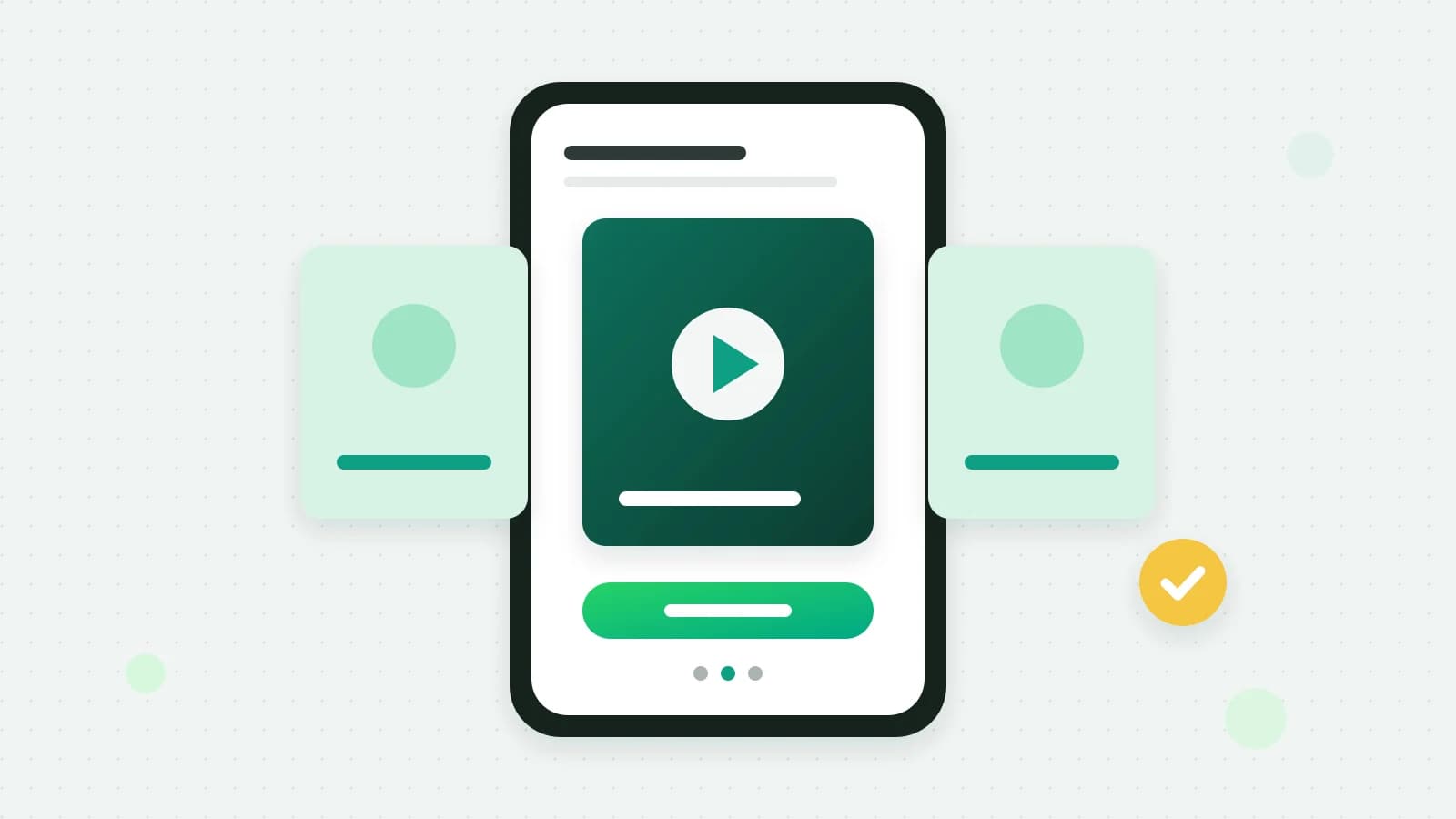 An illustration of a phone showing a video card with a play button between two carousel cards, a green button and swipe dots