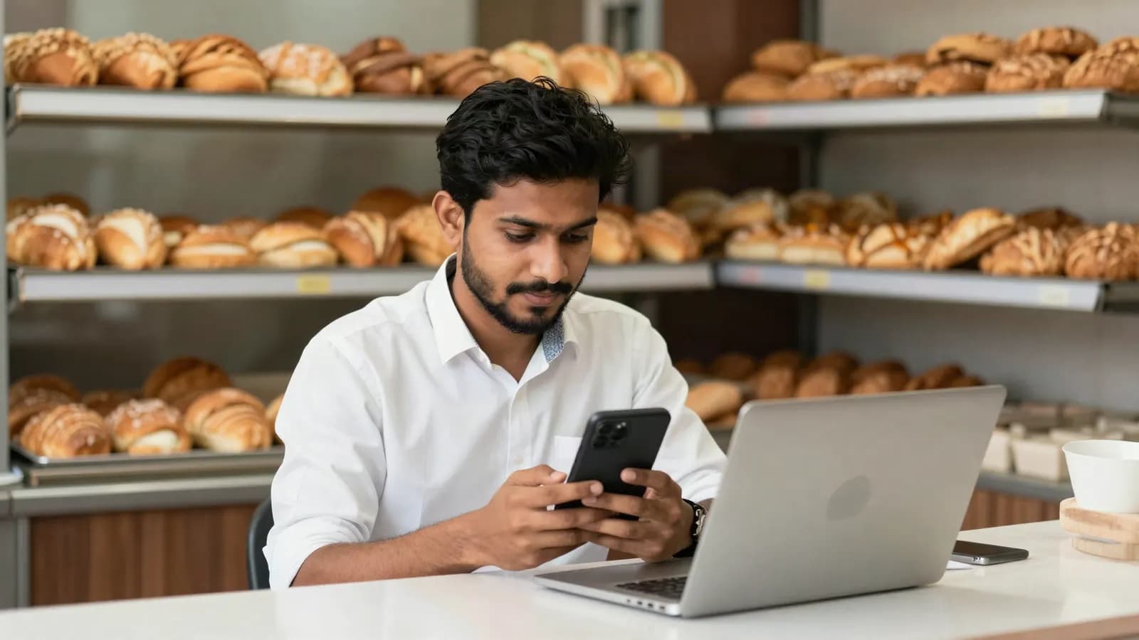 A bakery owner at his counter reading a message on his phone, with a laptop open beside him