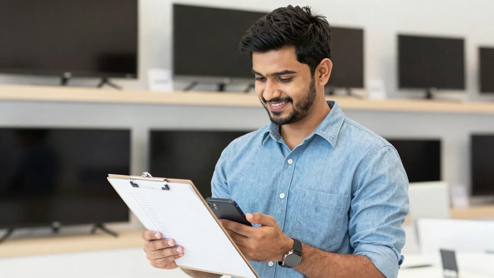 A salesman in an electronics showroom smiling at his phone while holding a clipboard checklist