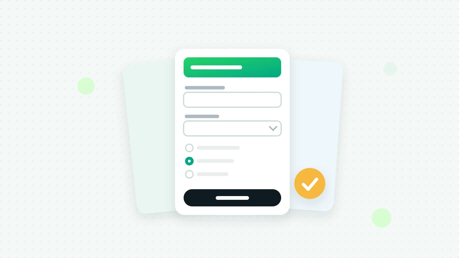 An illustration of a stack of form cards with blank fields, a dropdown and choice buttons, and a round yellow tick beside them