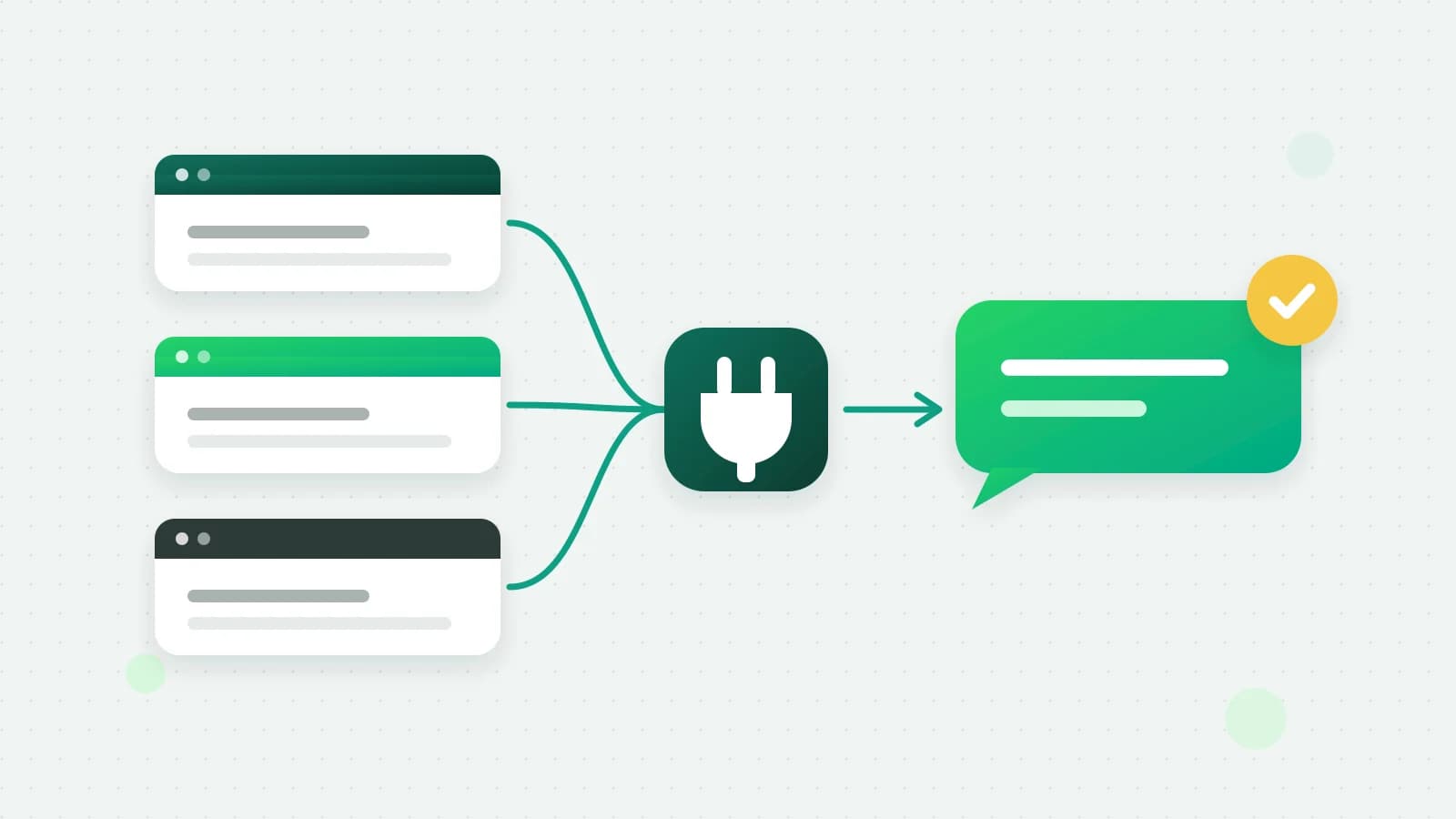 An illustration of three app windows joined by lines to one plug, which points to a green chat bubble with a round yellow tick