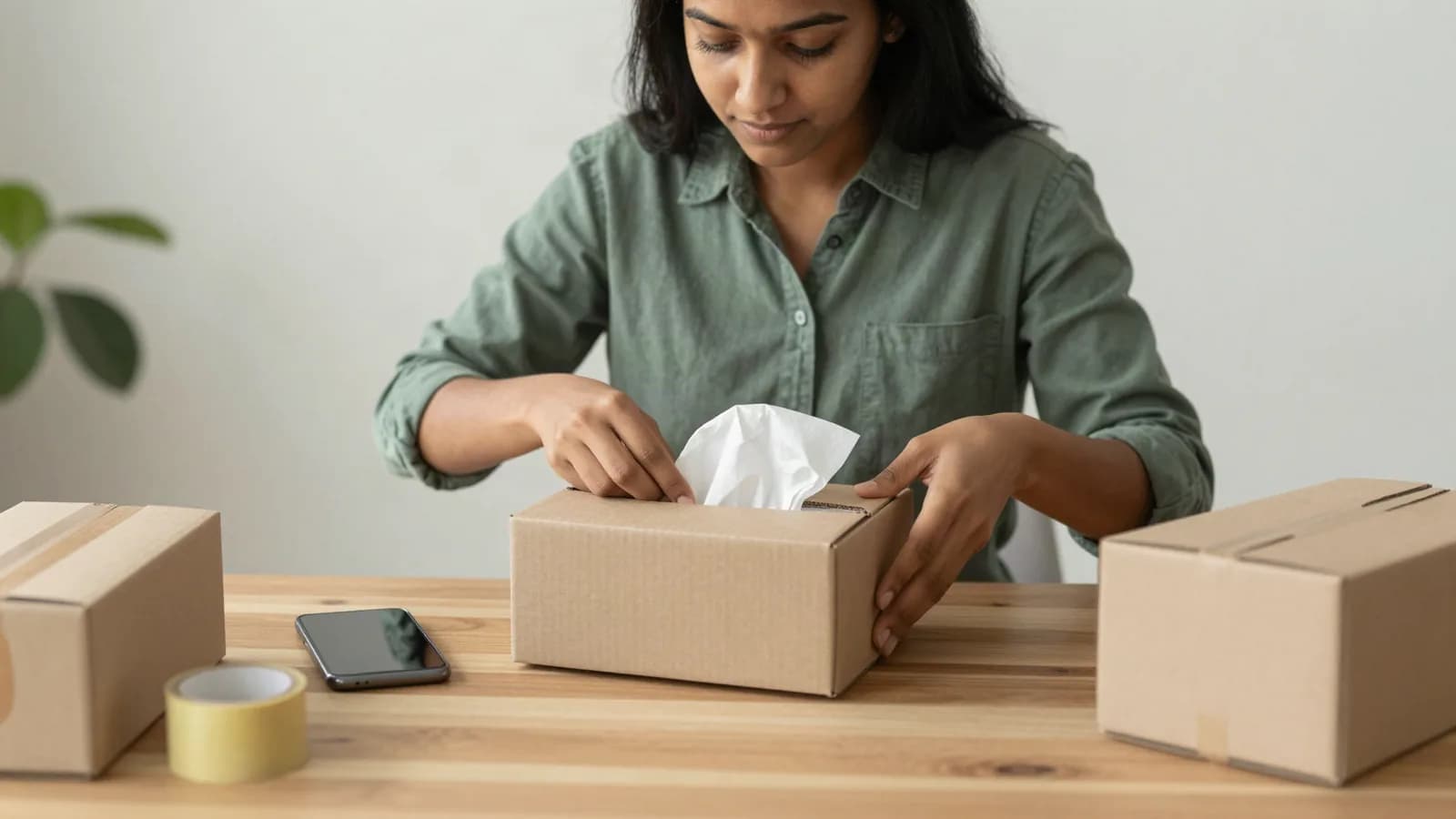 A young woman at a wooden table packing an order into a cardboard box, her phone lying beside the parcels