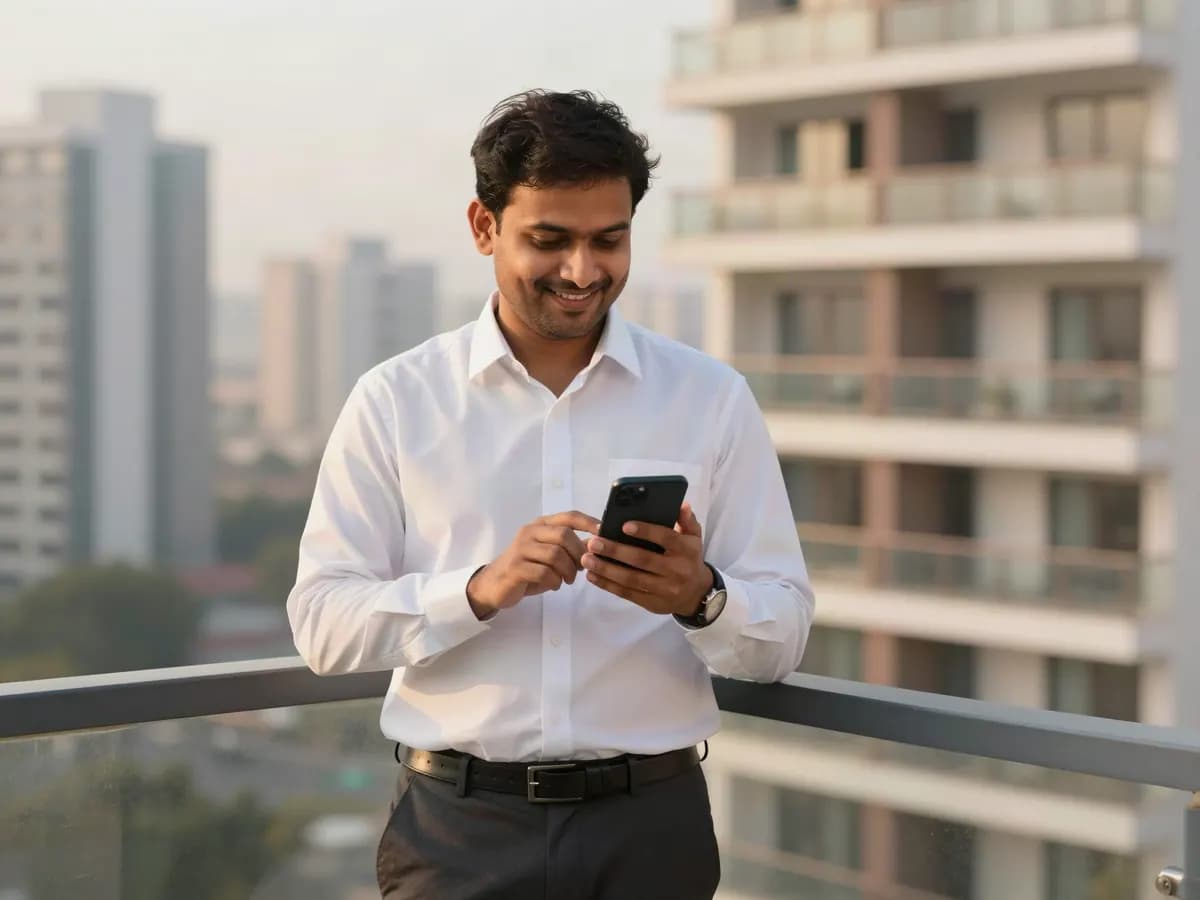 A man in a white shirt on a balcony among apartment towers, smiling as he reads a message on his phone