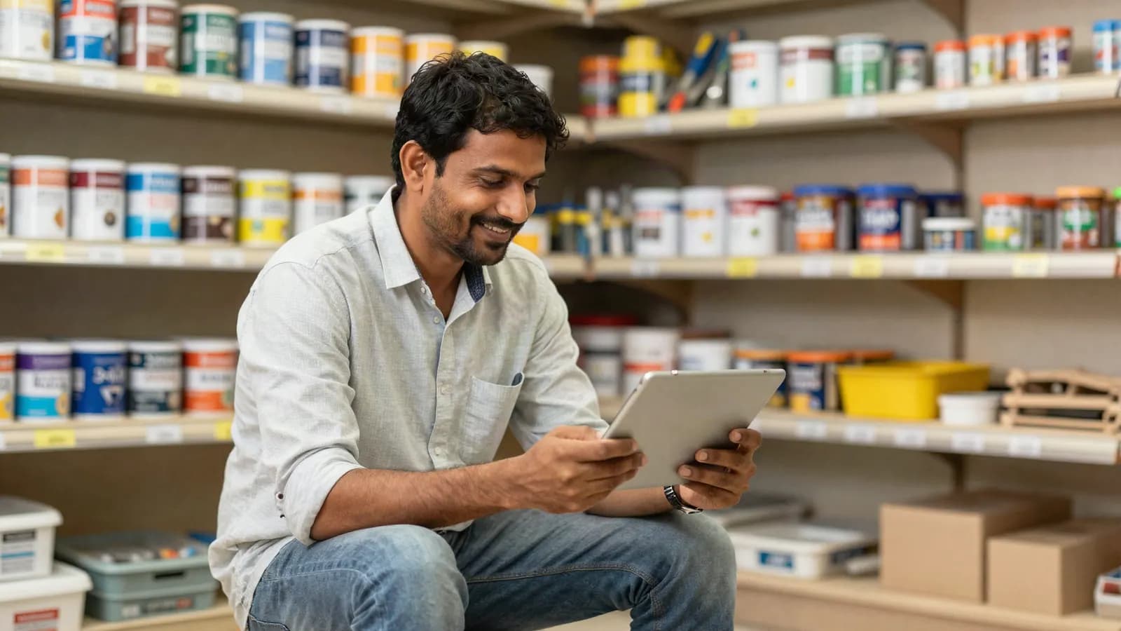 A hardware-store owner kneeling between shelves of paint tins, smiling as he reads a guide on a tablet
