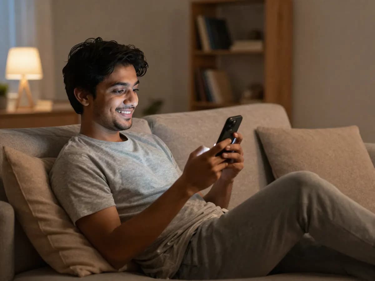 A young man on his sofa at night, reading a WhatsApp reply on his phone
