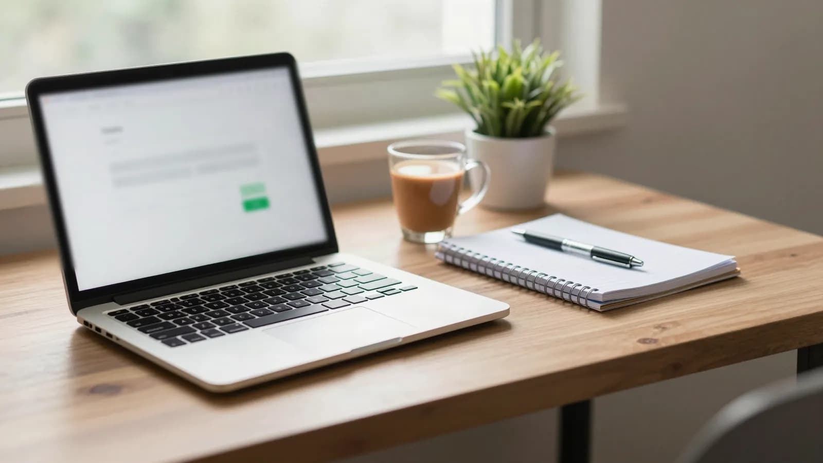 Illustration: a laptop on a desk showing a simple web form, beside a notebook and a cup of chai
