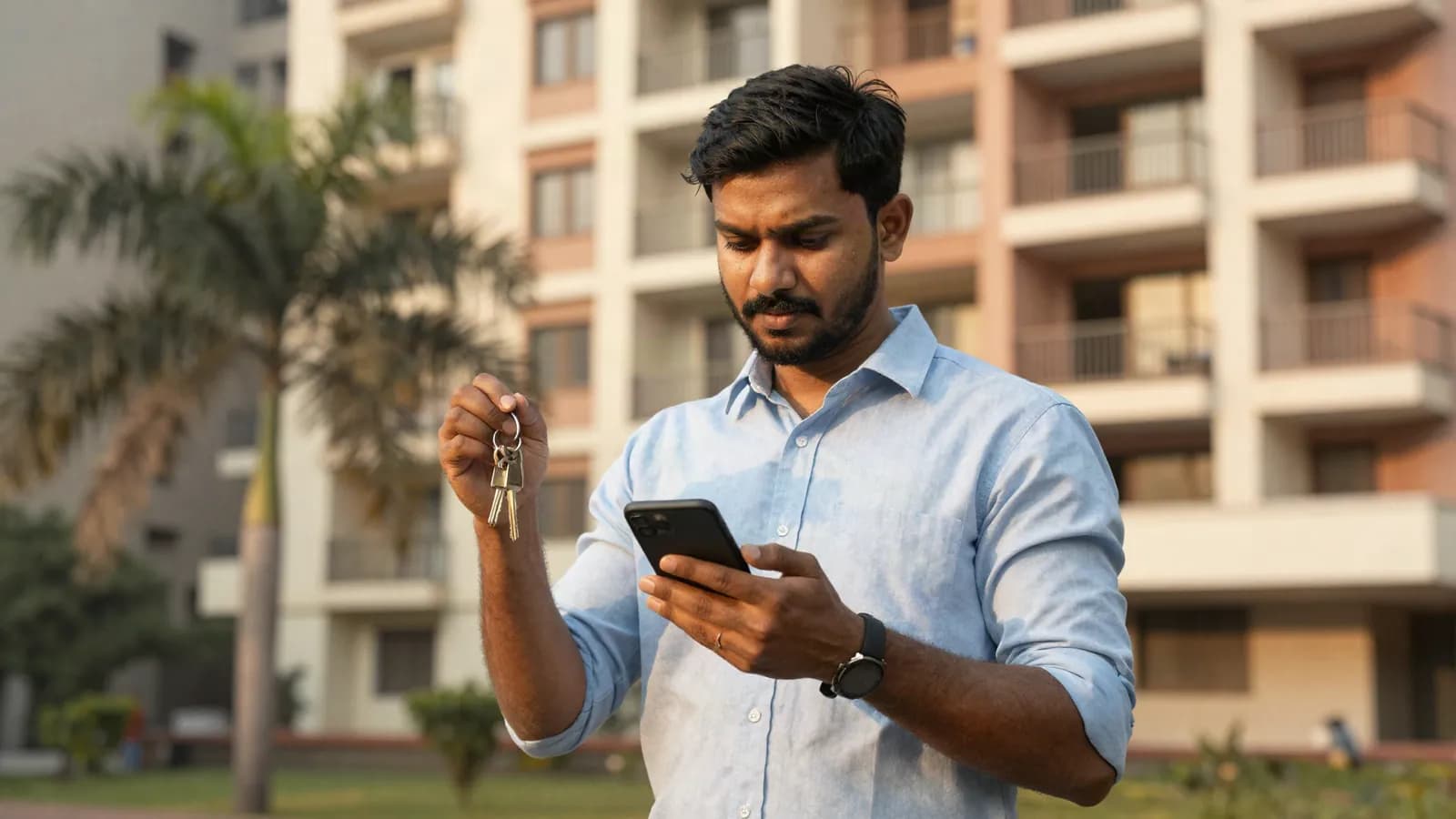 Illustration: an estate agent outside a new apartment building, keys in one hand and his phone in the other