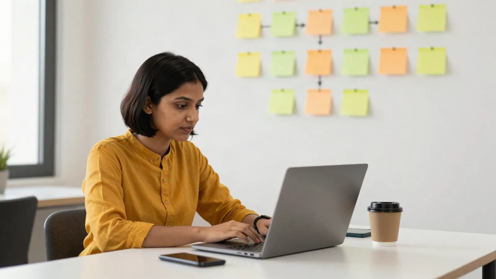 Illustration: an operations manager at her laptop, a wall of sticky notes mapped out behind her