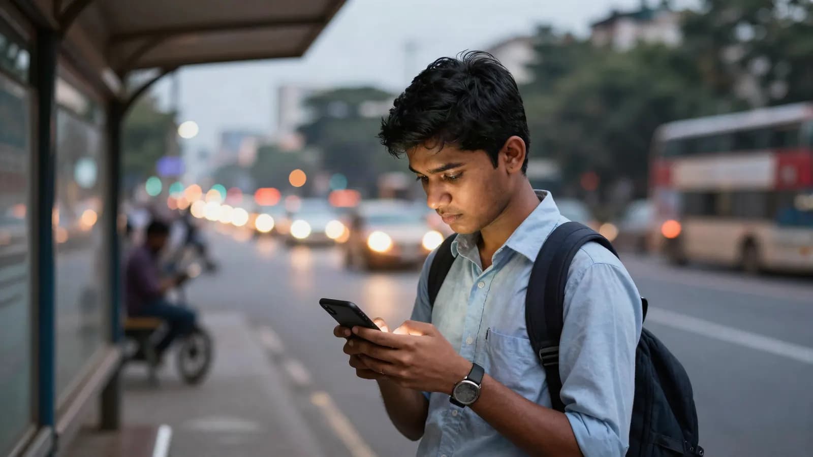 A student at a bus stop tapping an ad on his phone