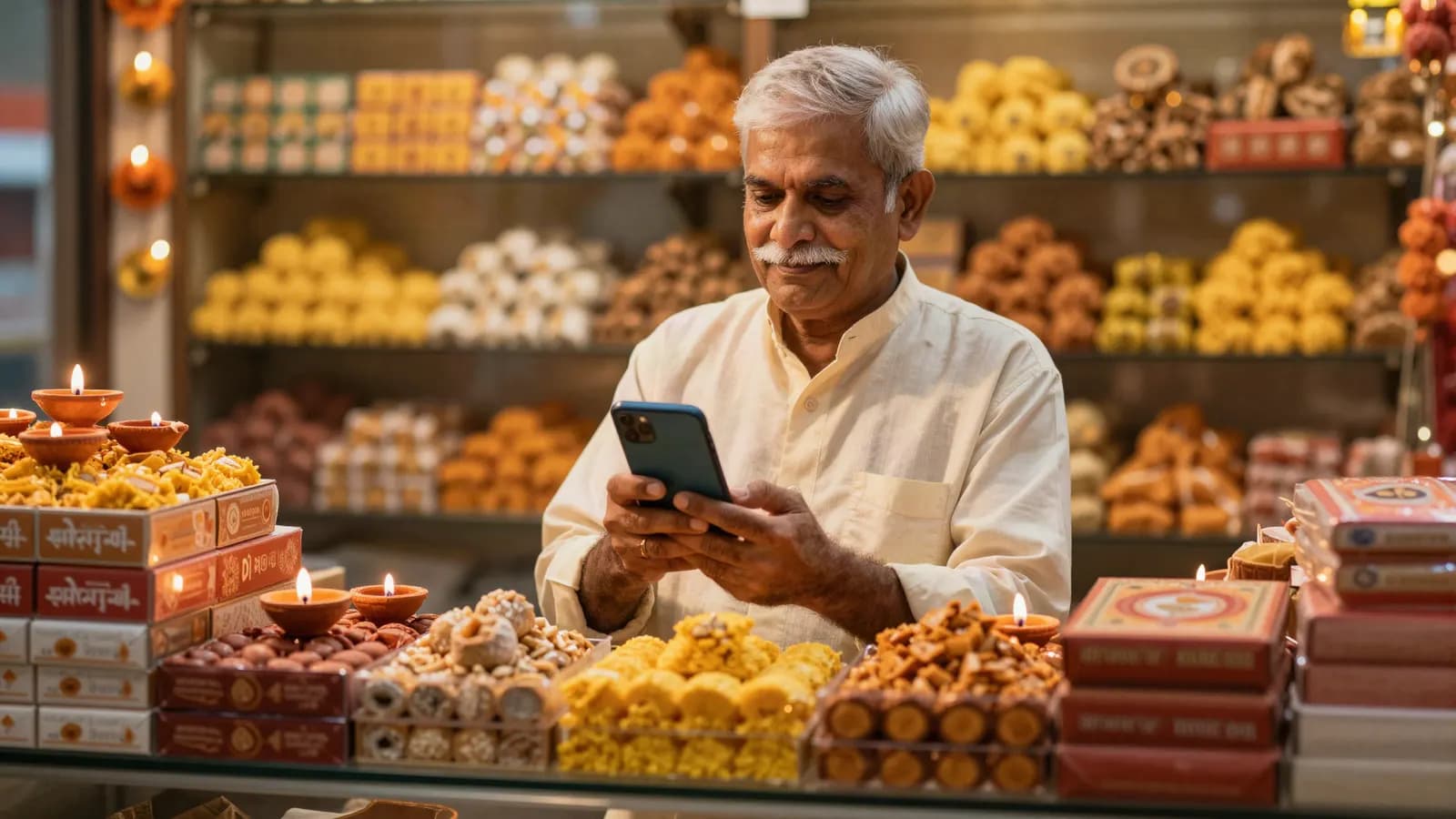 A sweet-shop owner at Diwali, sending a festive offer to customers from his phone