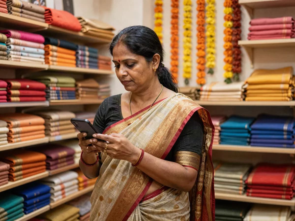 A saree shop owner among shelves of folded saris, checking a customer’s message on her phone