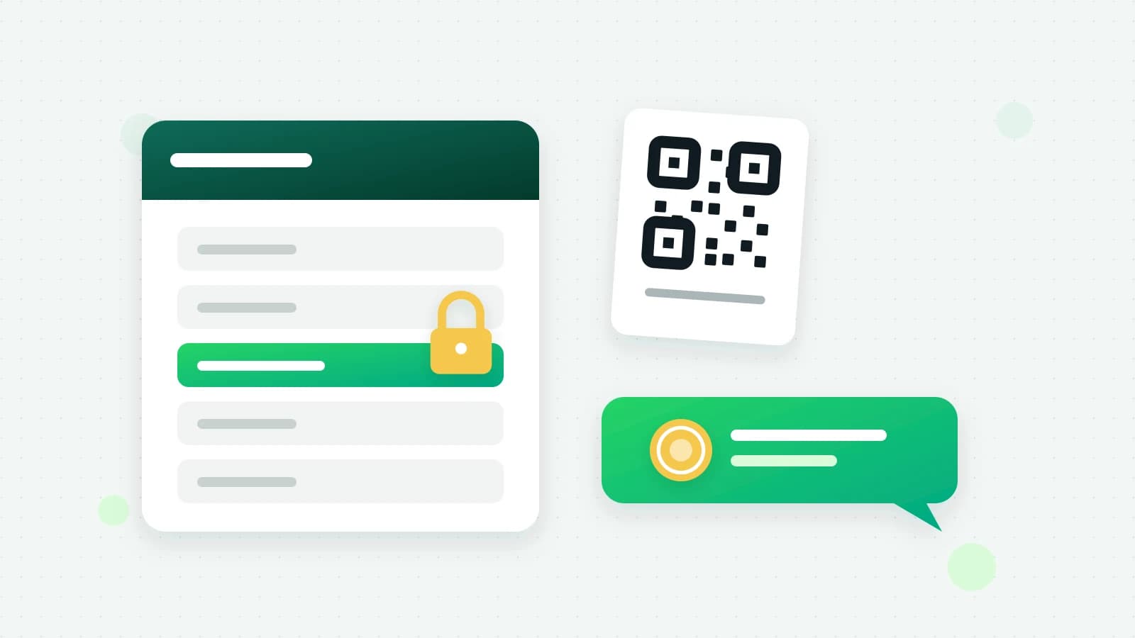An illustration of a list of time slots with a small padlock on the chosen one, a QR card beside it and a green chat bubble with a coin