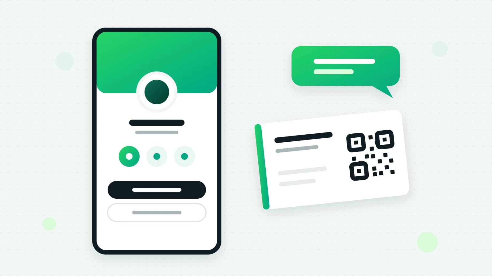 An illustration of a phone showing a simple business page with round buttons, beside a printed card with a QR code and a green chat bubble