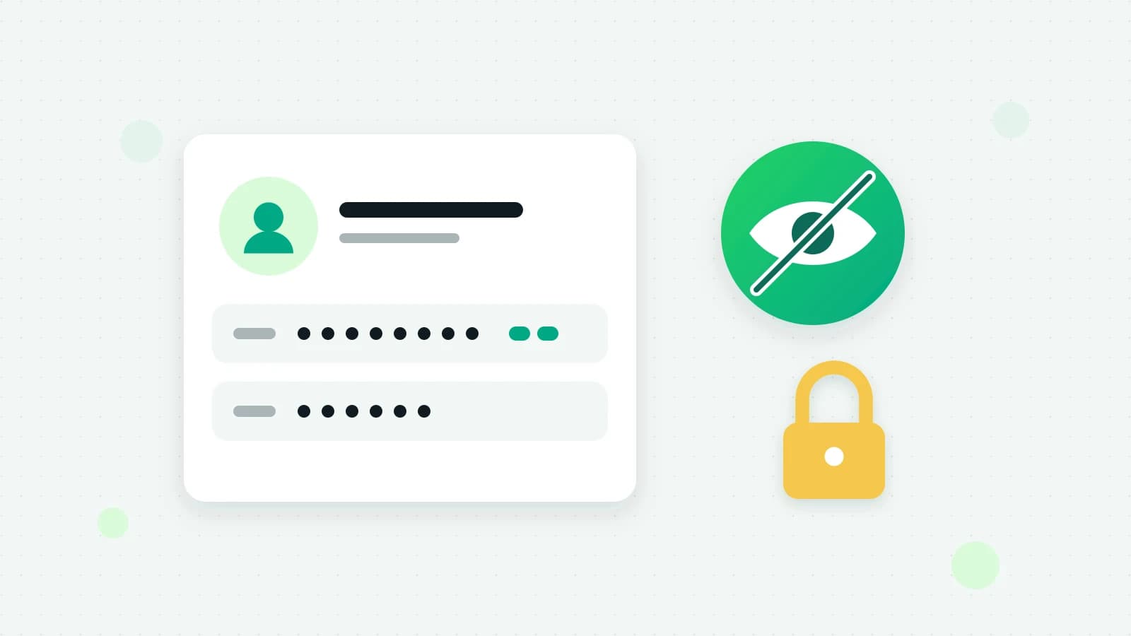 An illustration of a contact card whose phone number is shown as dots with two digits left, beside a green circle with a crossed-out eye and a yellow padlock