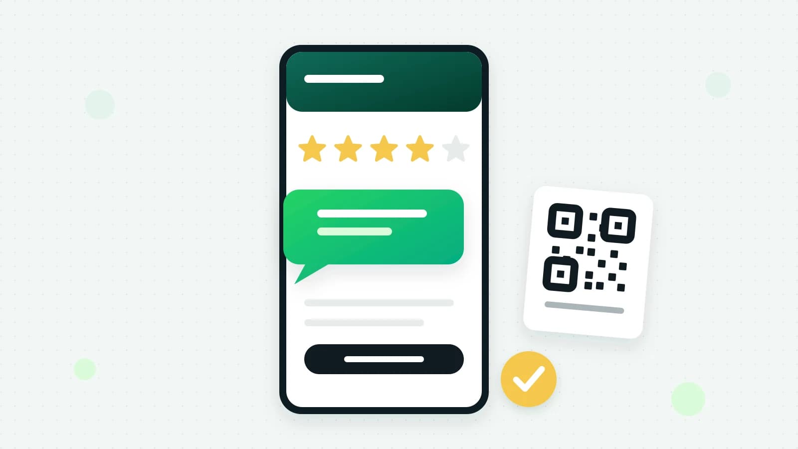 An illustration of a phone with five stars, four of them filled, above a chat bubble, with a small QR card beside it and a round yellow tick