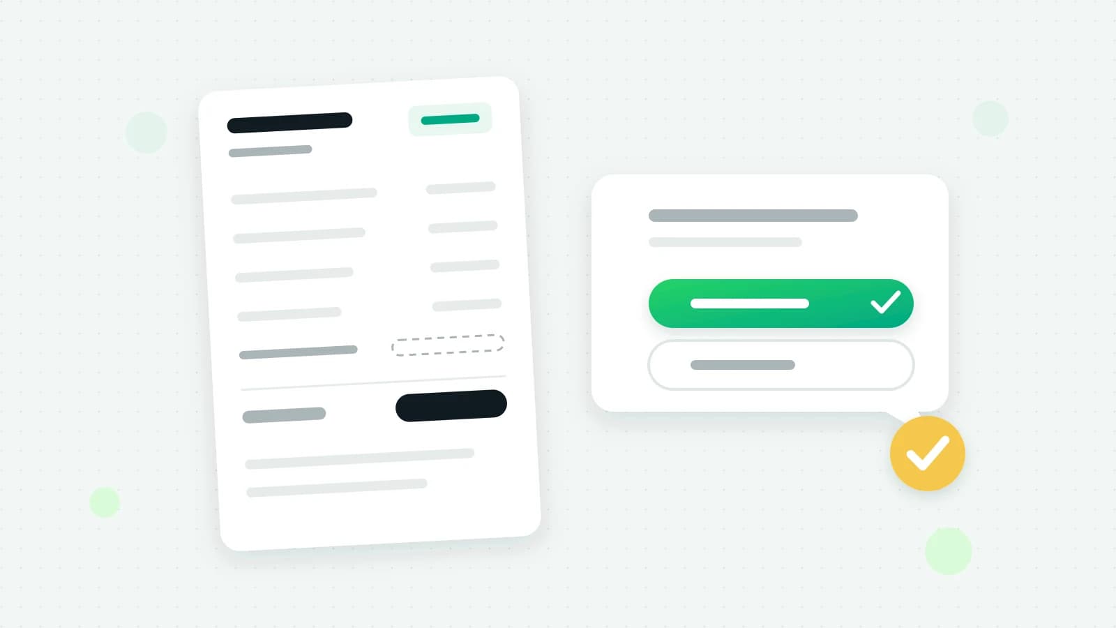 An illustration of a quotation sheet with item lines, a dashed optional line and a total, beside a chat bubble with two buttons, one green and ticked