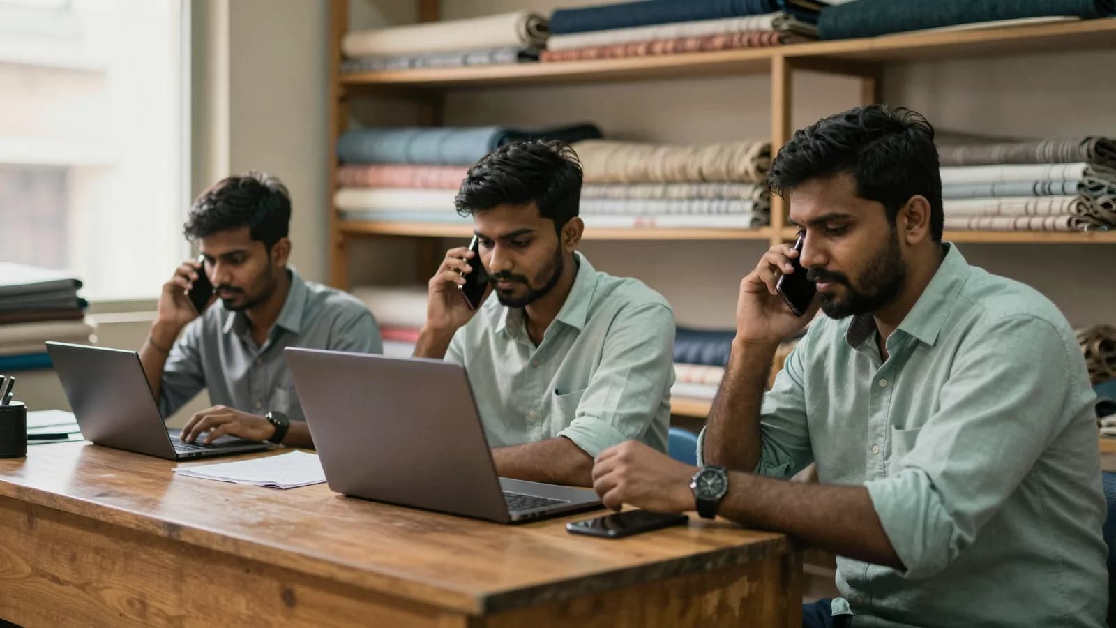 Three colleagues side by side at a long wooden desk in a fabric shop office, each on a phone or laptop answering customers