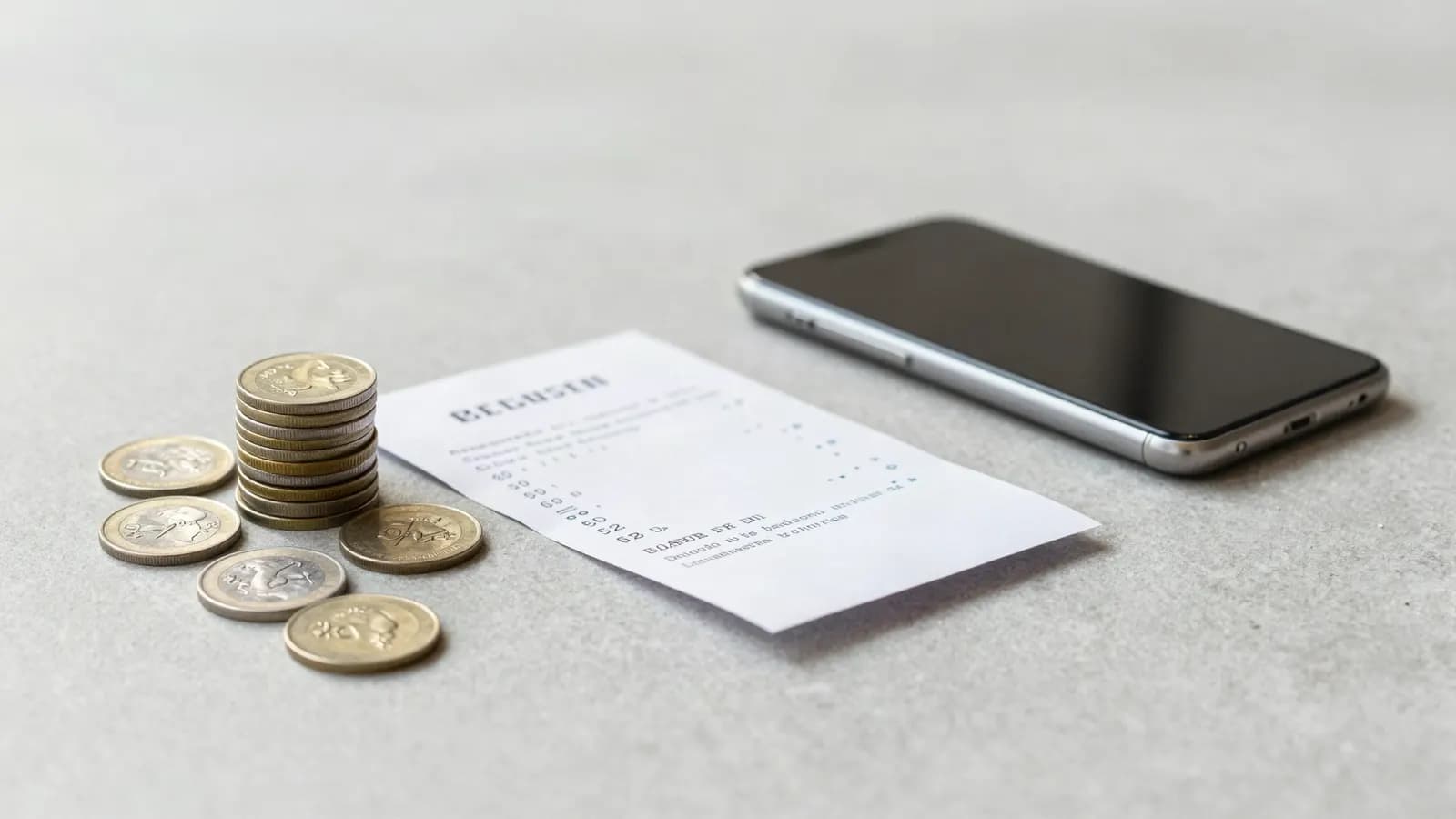 Rupee coins and a printed receipt next to a smartphone