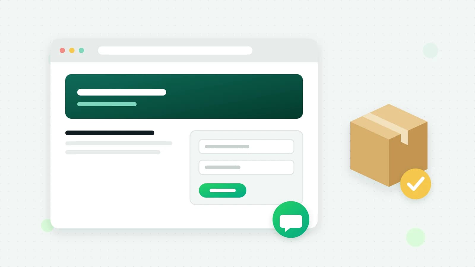 An illustration of a browser window with a form and a round green chat button in its corner, beside a cardboard parcel with a round yellow tick