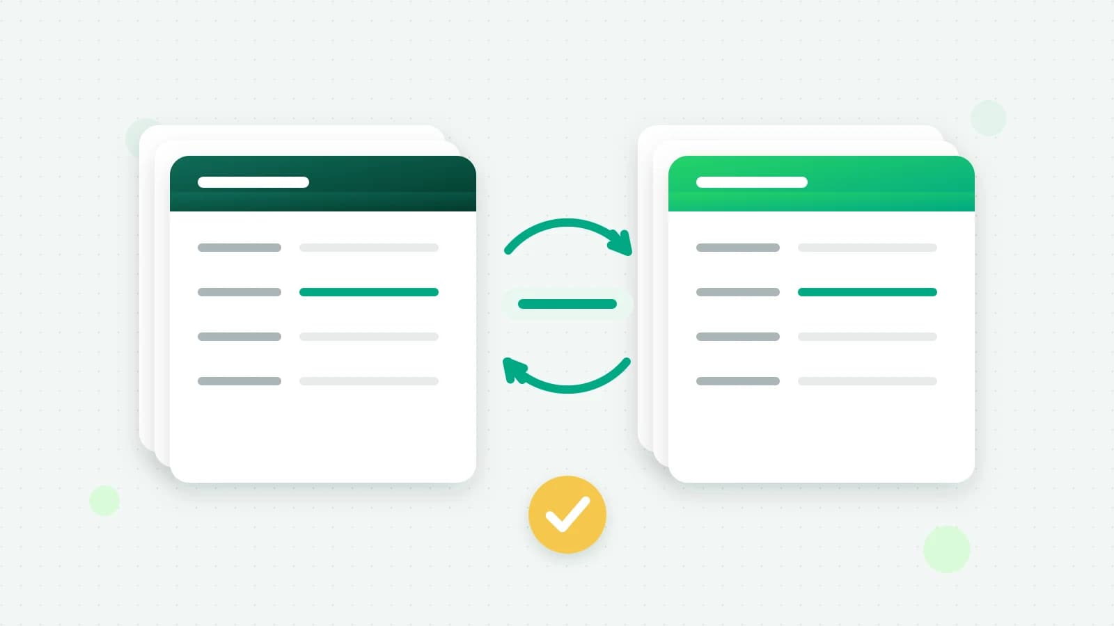 An illustration of two stacks of record cards, one dark and one green, with circular arrows between them over a matched line, and a round yellow tick