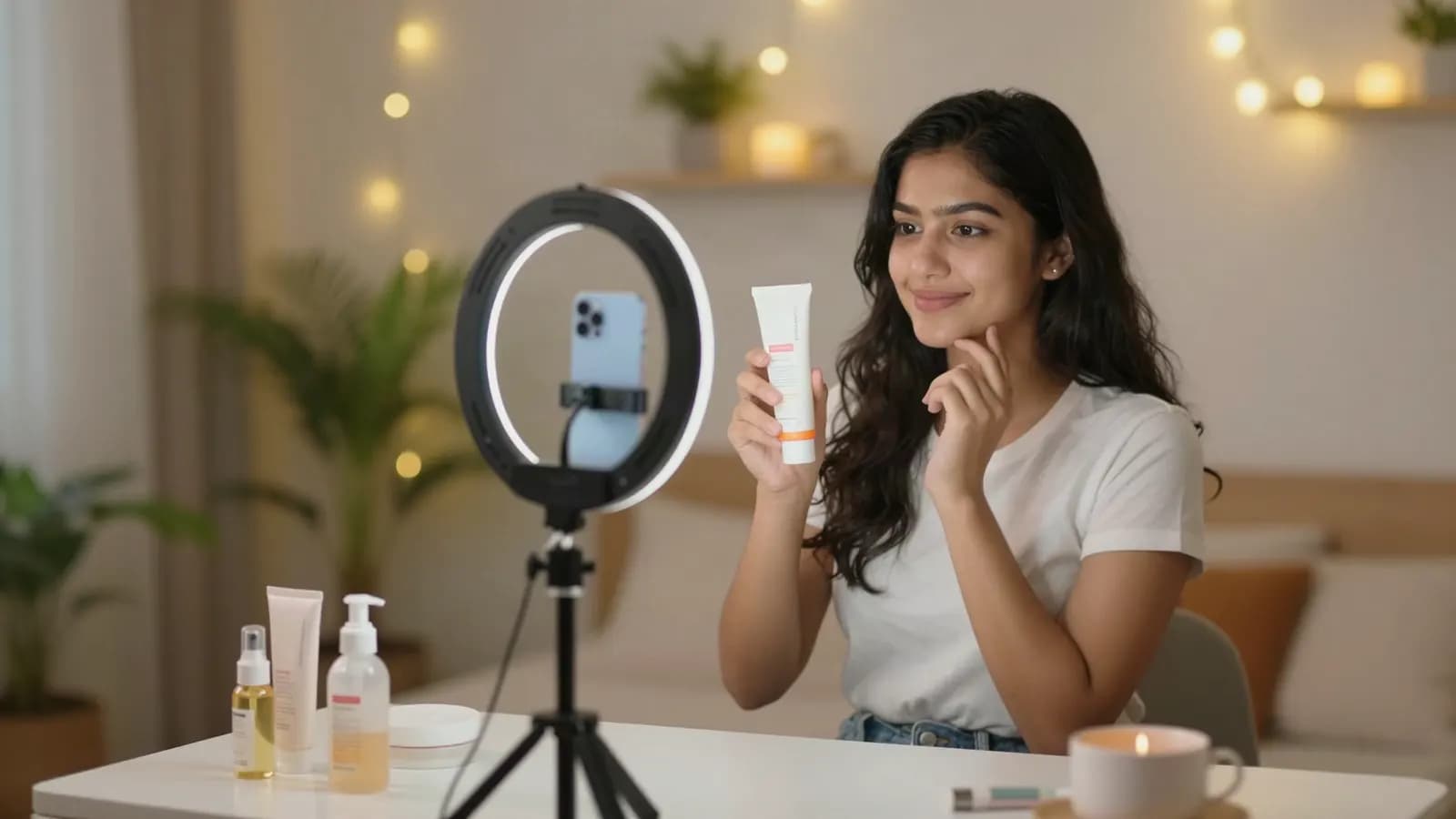 A content creator holding up a skincare tube while filming herself on a phone mounted in a ring light