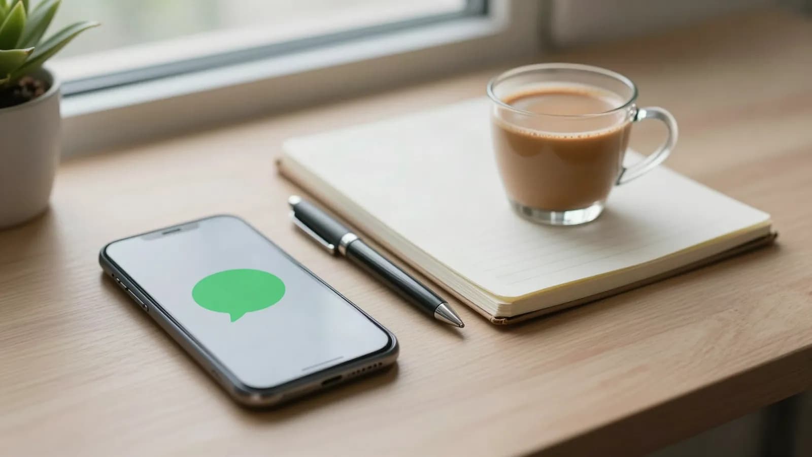 Illustration: a phone on a desk showing a green chat bubble, beside a notebook and a cup of chai