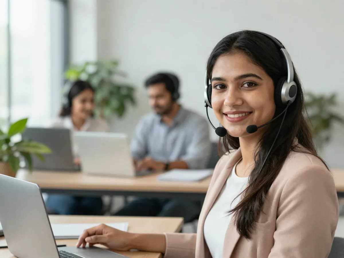 A smiling support specialist wearing a headset, working at a laptop in a bright office