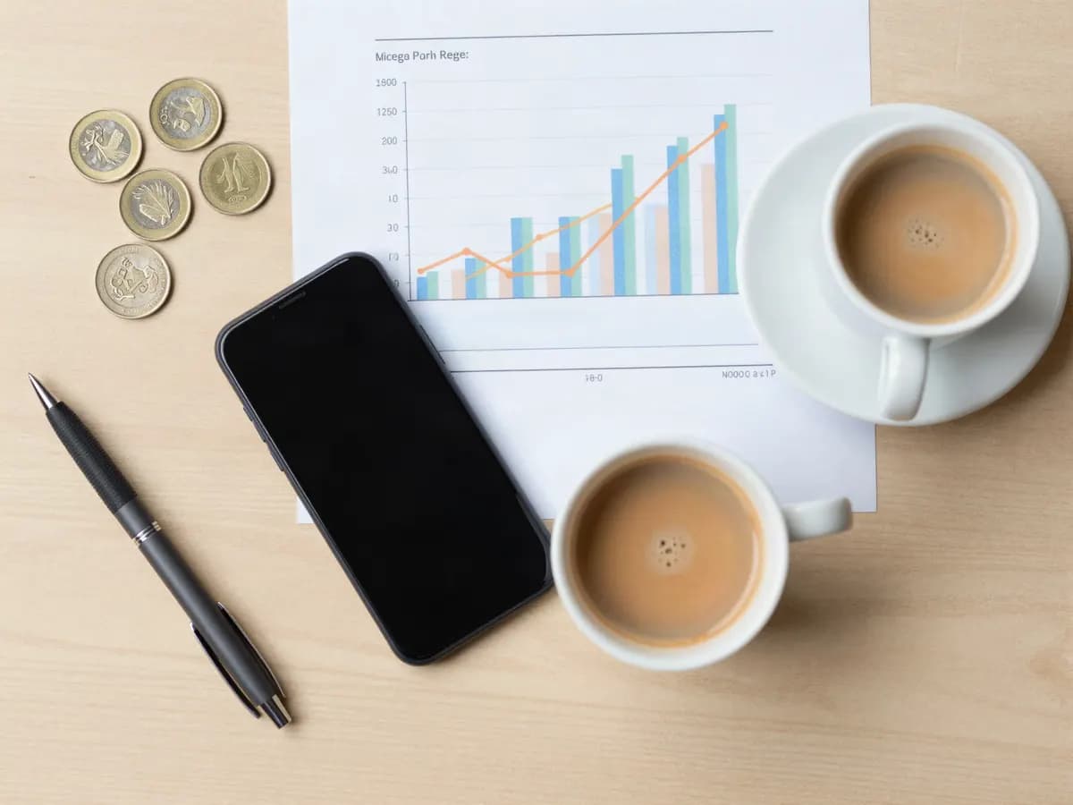 Illustration: a printed report on a desk beside rupee coins, a phone and two cups of chai