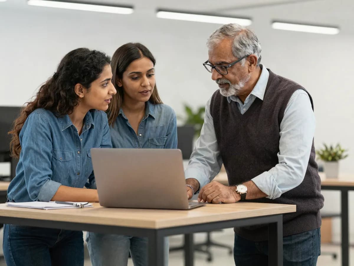 Two coworkers answering customer chats together on one laptop