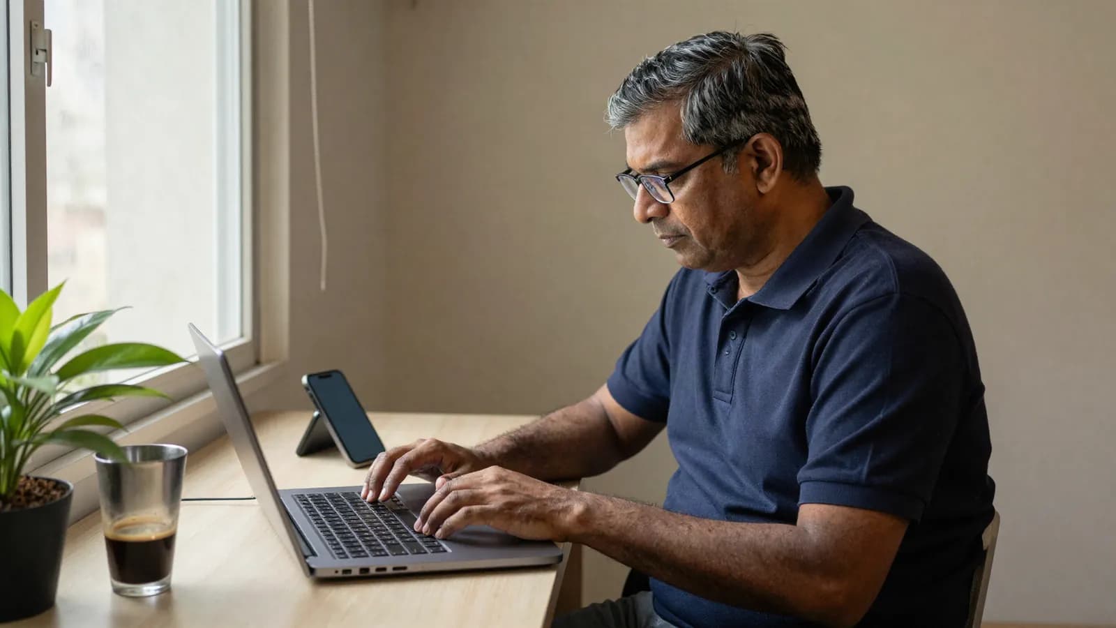 Illustration: a business owner working on his laptop by a window at home