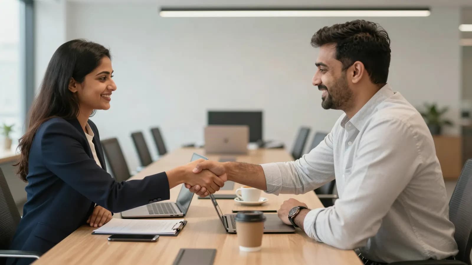 Two people shaking hands across a meeting-room table with laptops and coffee