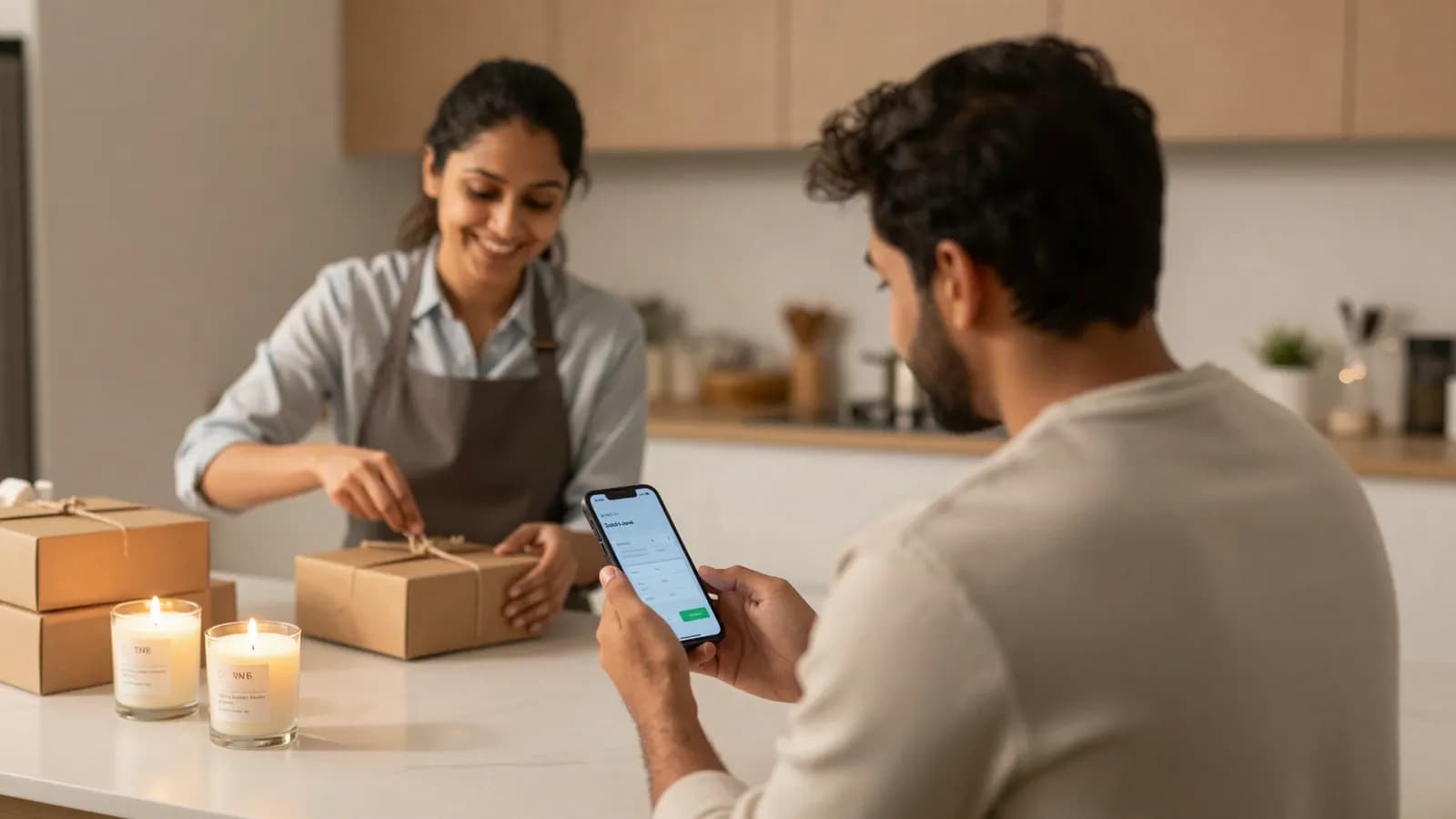 Illustration: a small-business owner packing a candle order while a customer checks his phone