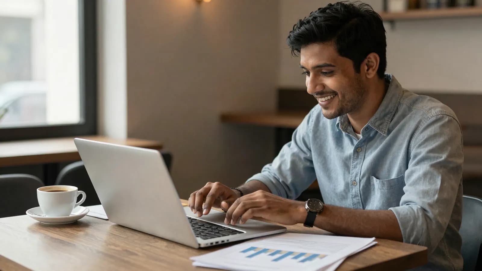 A founder smiling at campaign results on his laptop, a printed chart beside him