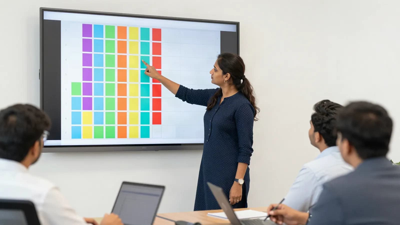 A sales manager pointing at a colour-coded pipeline board on a wall screen while her team watches from the meeting table