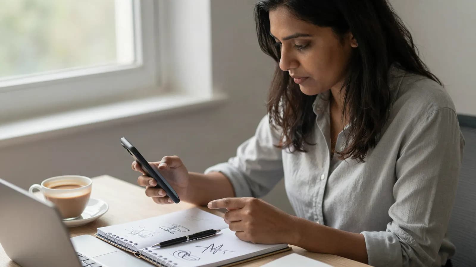 A business owner at her desk planning a WhatsApp campaign on her phone, notebook and laptop beside her