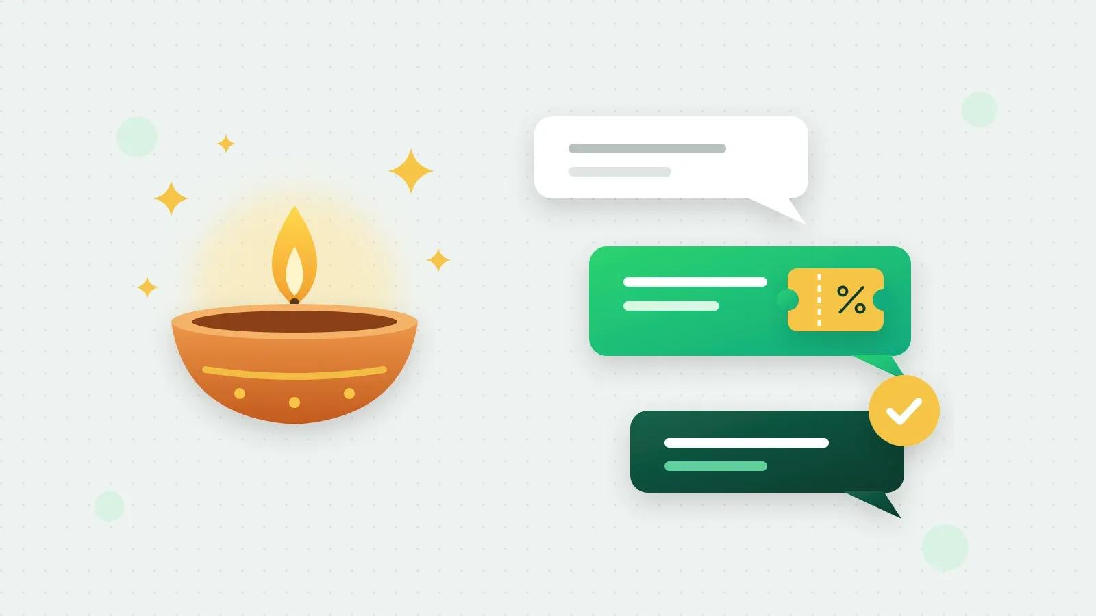 An illustration of a lit diya beside three chat bubbles, the green one carrying a coupon ticket, with small gold sparkles around them