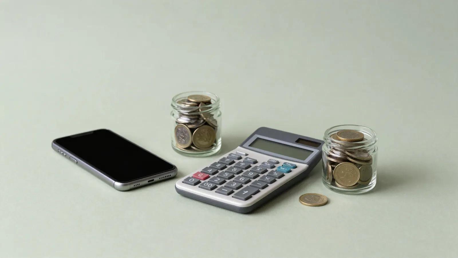 A calculator, a smartphone and a jar of coins on a desk