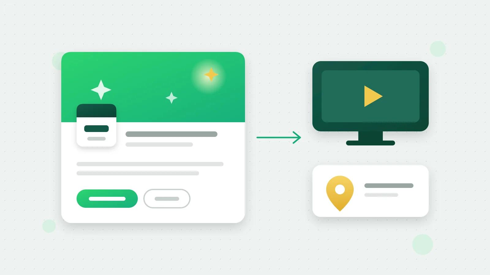 An illustration of an event card with a green cover and sparkles, a date tile and two buttons, joined by an arrow to a screen with a play sign for online events and a card with a gold map pin for in-person ones