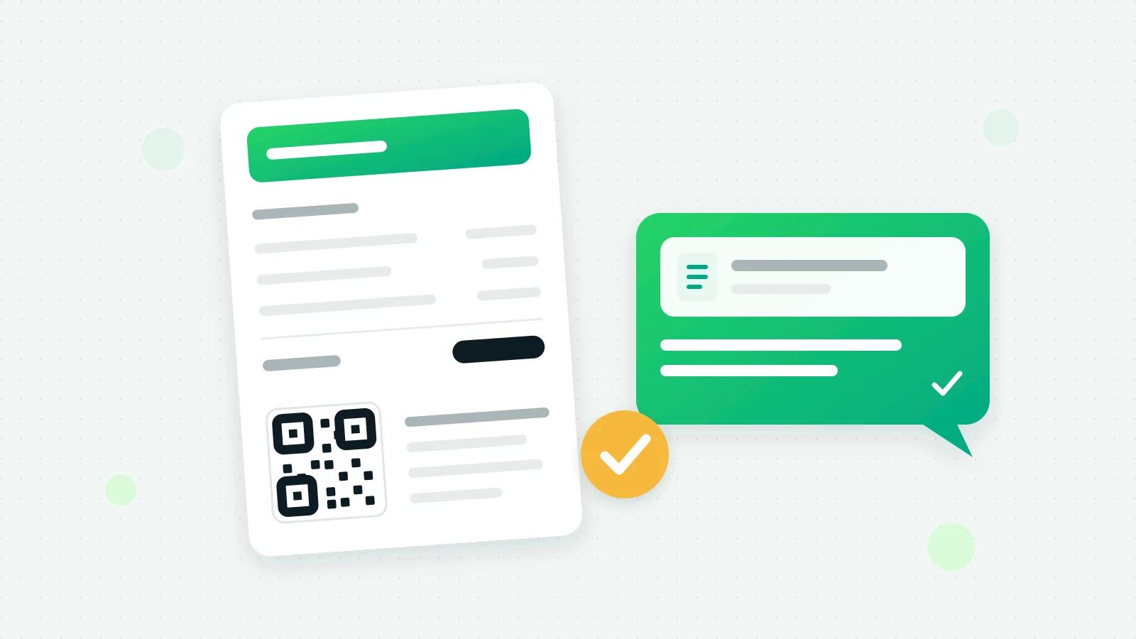 An illustration of a bill with item lines, a total and a small QR code, beside a green chat bubble carrying a document, and a round yellow tick